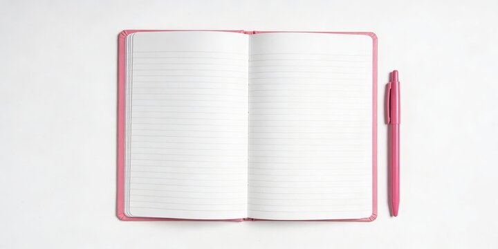 Open blank notebook with pink cover and pen mockup for design. New Year resolutions, plans, goals 2026 concept. Copy space.