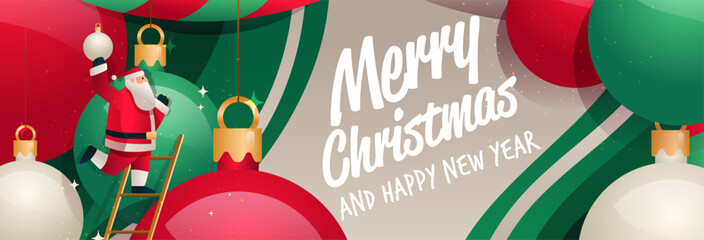 Santa Christmas New Year 2026 festive celebration Santa decorating ornaments ladder colorful baubles green red background holiday banner