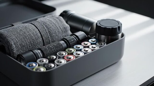Organized Kit with Batteries and Accessories for Travel or Outdoor Activities.