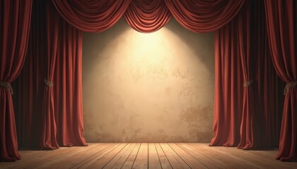 Fototapeta premium Vintage theater stage with red velvet curtains open. Spotlight shines on worn wall and wooden floor. Empty space for performance or presentation.