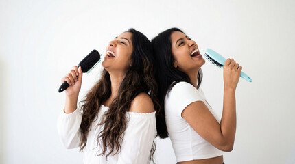 Two Happy Young Indian Women Singing with Hairbrushes in Playful Home Moment generative ai