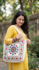 Indian Woman Carrying Traditional Embroidered Tote Bag in Natural Outdoor Setting generative ai