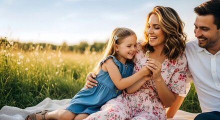 Happy family enjoys a joyful summer picnic together, celebrating a loving Mother's Day bonding concept in a sunlit field