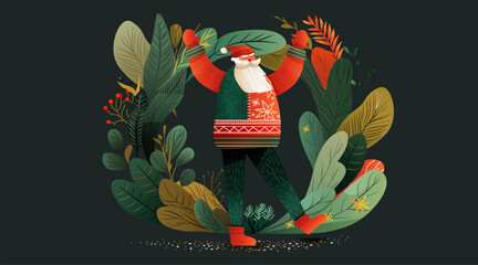 Santa Christmas celebration festive winter foliage colorful leaves red berries cheerful character dark background holiday greeting card
