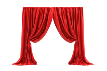 Red velvet stage curtains parted on black background with folds and drapes theater