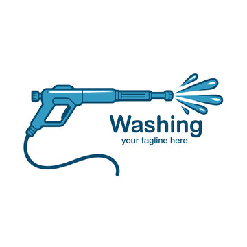 A blue pressure washer sprays water, with the word "Washing" visible.