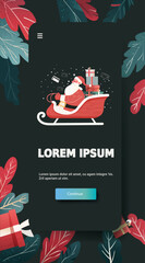 Santa Christmas New Year 2026 sleigh gifts festive Santa Claus riding sleigh with presents winter leaves dark background mobile app screen