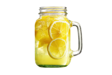 Glass jar filled with refreshing lemonade and lemon slices on black drink beverage