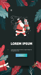 Santa Christmas gift delivery festive leaves dark background presents running character modern mobile app screen template