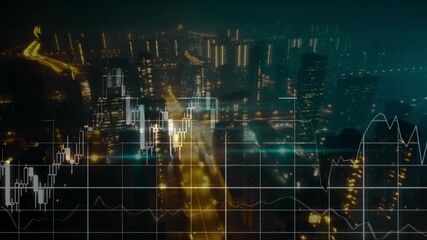 Financial market data charts displaying trends on an illuminated urban city skyline at dark night - Powered by Adobe