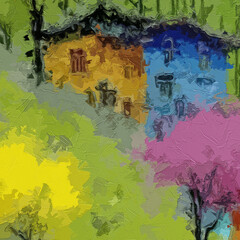 Fototapeta premium Various oil paintings, flowers, roses, peonies, flying birds, figures, mountainous areas, villages, forests, students, lakes