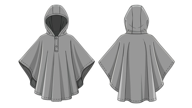 Hooded poncho technical drawing showcasing front and back views for fashion design purposes using technical illustration and style line details