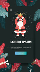 Santa holding star Christmas celebration festive leaves gift box dark background mobile app screen