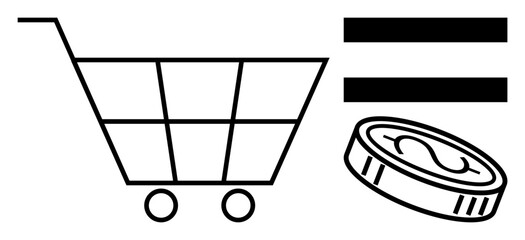 Shopping cart with equal sign and coin representing retail costs, purchase decisions, and trade. Ideal for finance, budgeting, ecommerce, investment, cost-efficiency, consumerism simple flat © robu_s