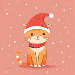 Cute orange cat wearing red hat and scarf in snow