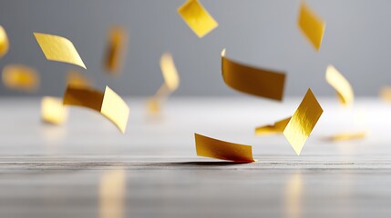 Golden Fragments Floating in Air on Wooden Surface Background