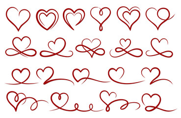 A set of red stylized hearts in one line. 
