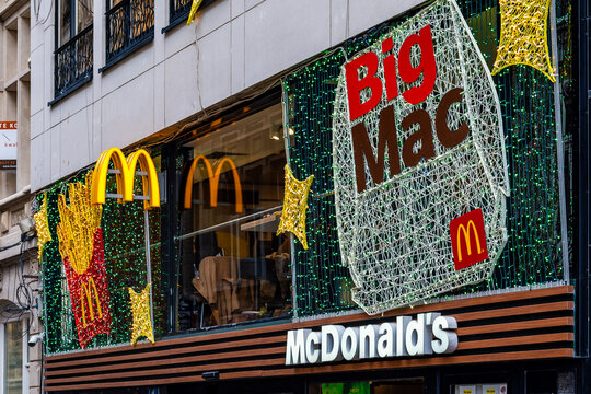 McDonald's Big Mac holiday decoration on restaurant facade in Leuven
