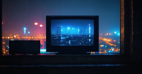 Tv displays cityscape. Night scene, window view, dim lighting creates moody atmosphere. Urban setting, reflections visible.
