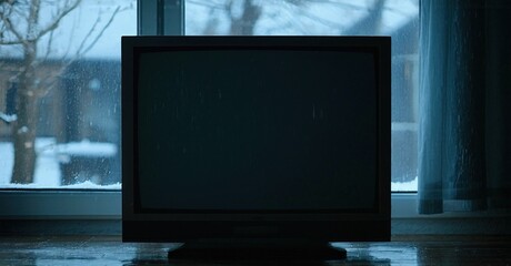 Fototapeta premium Old television sits before window. Snow falls outside, creating muted, cold atmosphere. Dim light emphasizes solitude.
