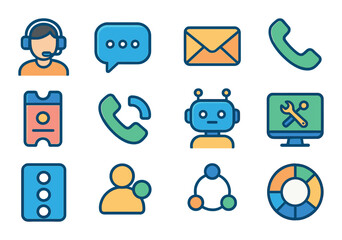 Colorful customer service icons featuring communication and support tools