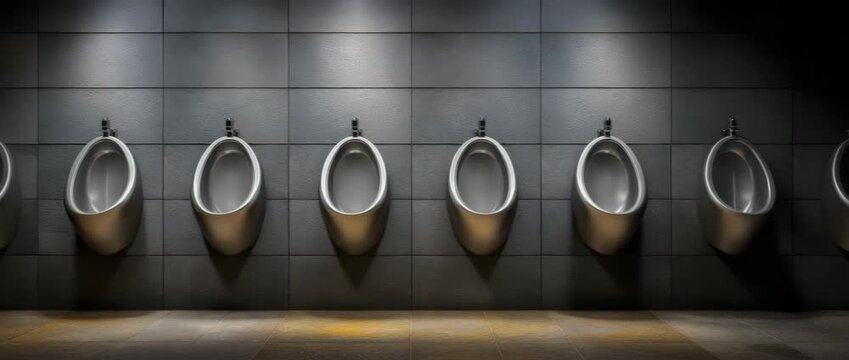 In a public restroom, a row of urinals is arranged.  The silver urinals are fixed to the wall.