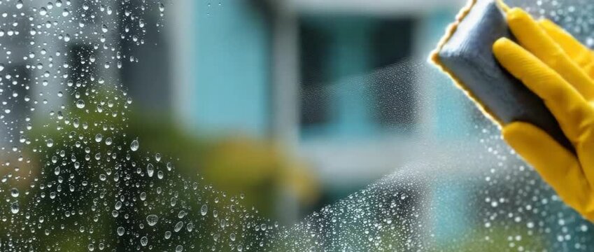 Window cleaner washing and cleaning a window with a squeegee