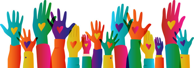 Colourful set of raised hands. Volunteering, teamwork concert.	