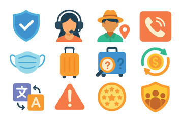 Colorful icons representing travel services and communication assistance