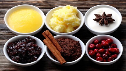 Assorted Ingredients in Bowls on Rustic Wooden Table for Cooking