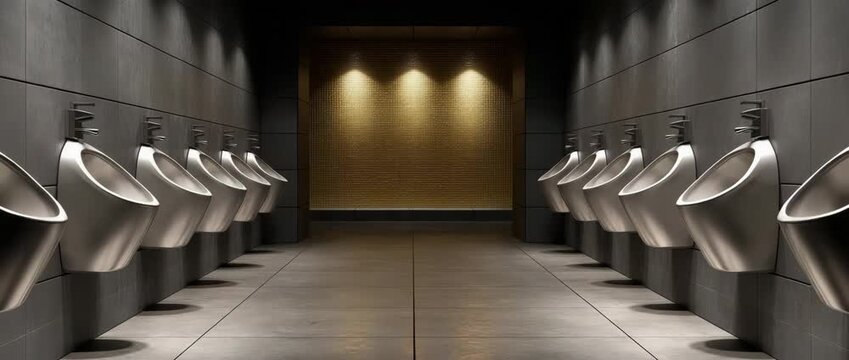 In a public restroom, a row of urinals is arranged.  The silver urinals are fixed to the wall.