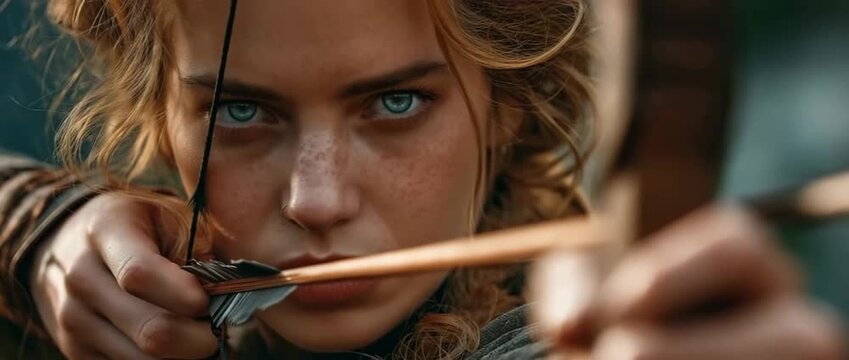 A determined young woman in her twenties practices archery outside, aiming for the target while drawing the bowstring with vigor.