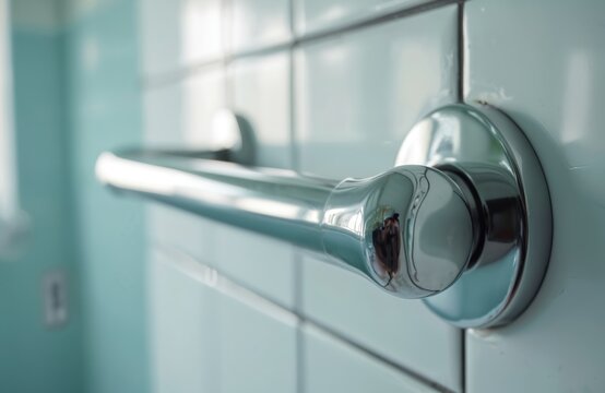 Metal grab bar mounted on tiled wall near shower. Bathroom safety aid for elderly or disabled individuals. Provides support and stability in wet areas.
