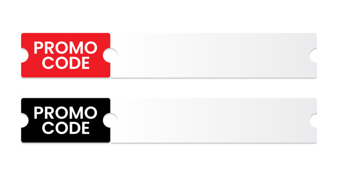 Promo Code Ticket Template for Discount and Coupon Vouchers. Vector Design of Red and Black Coupon Tear-Off Tabs. Blank Discount Voucher Strip Template with Promo Code Text.