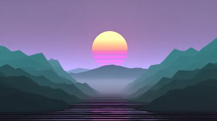 Serene Retro Sunset Over Abstract Mountain Range and Calm Water