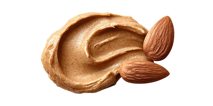 Creamy almond butter swirl with whole almonds on a black background, healthy food concept