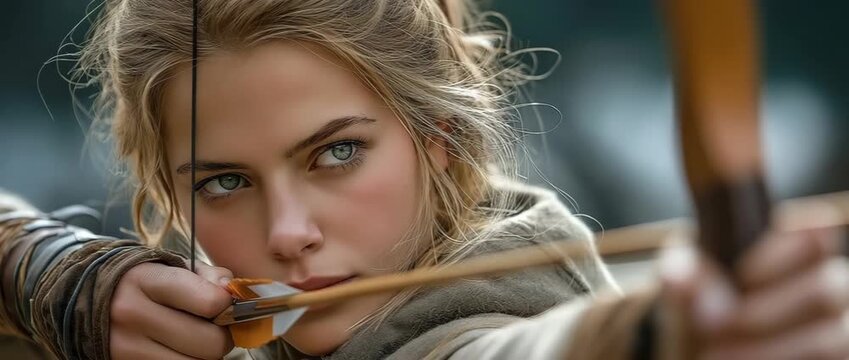 A determined young woman in her twenties practices archery outside, aiming for the target while drawing the bowstring with vigor.