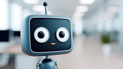 Friendly Robot Character with Large Eyes in Modern Office Space