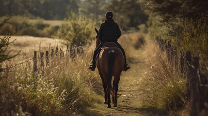 A horse resting on the ground at sunset, warm tones, photorealistic.