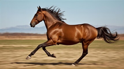 A horse galloping at full speed across an open field, flying mane
