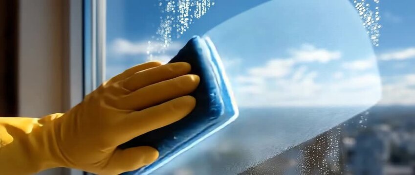 Window cleaner washing and cleaning a window with a squeegee