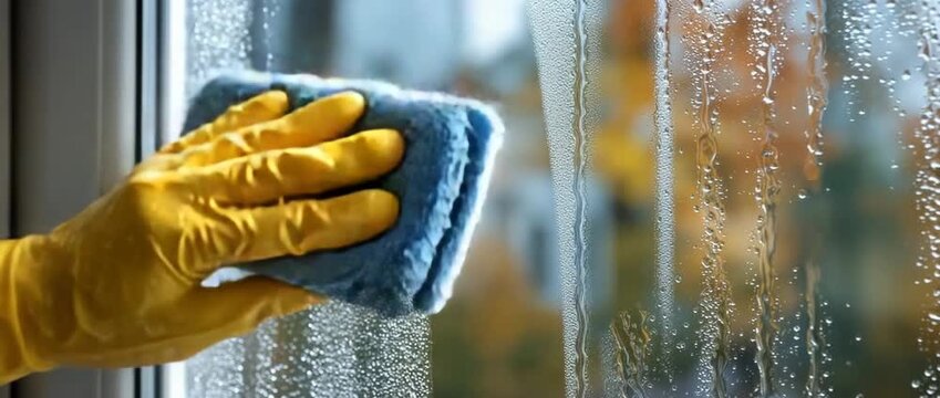 Window cleaner washing and cleaning a window with a squeegee