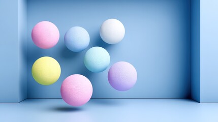 Colorful Pastel Balls Floating in Blue Space Abstract Design