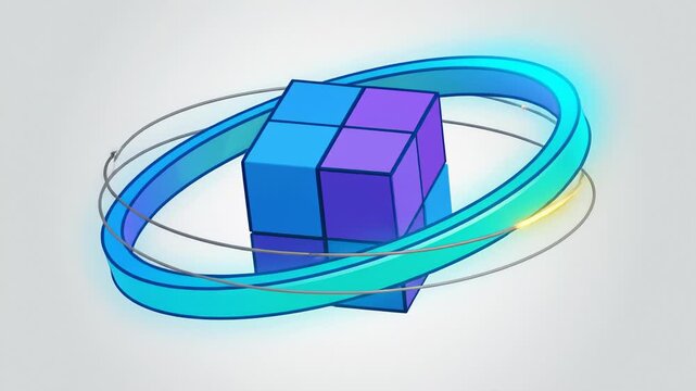 Blue Cube Rotates Around Glowing Orbit Cartoon Graphic