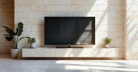 Minimalist living room features stone wall, floating console, large television. Plants add subtle greenery, warm lighting creates inviting space.