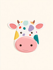 Adorable cartoon cow face with colorful polka dots and a pink nose, smiling happily against a plain background Concept of farm animals and childrens illustration