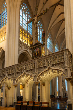 Gothic rood screen and crucifix inside Saint Peters Church in Leuven