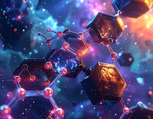 Glowing molecular structure in space with hexagonal components