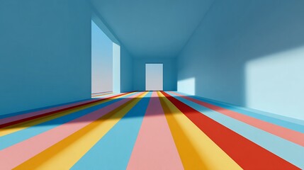 Geometric interior rendering featuring a striped floor and doorways. Sunlight casts shadows