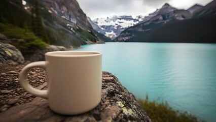 Serene mountain lake scene with a coffee mug on a rocky shore